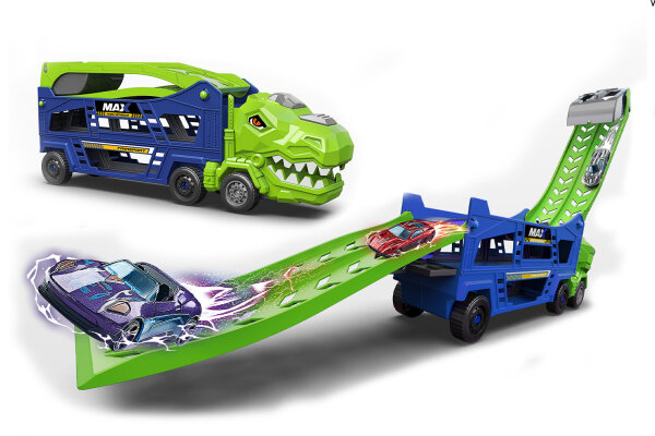 CY-2262A T-RexTransport-LKW inklusive Rampe und Rennwagen mit Katapultbahn - gr&uuml;n/blau