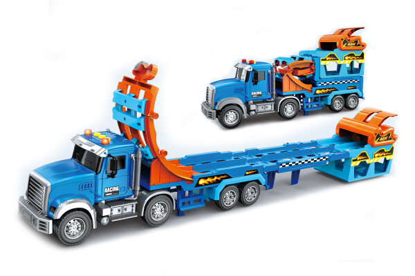 CY-3301A US-Truck inklusive Rampe mit Katapultbahn und 2 Rennw&auml;gen - blau/rot