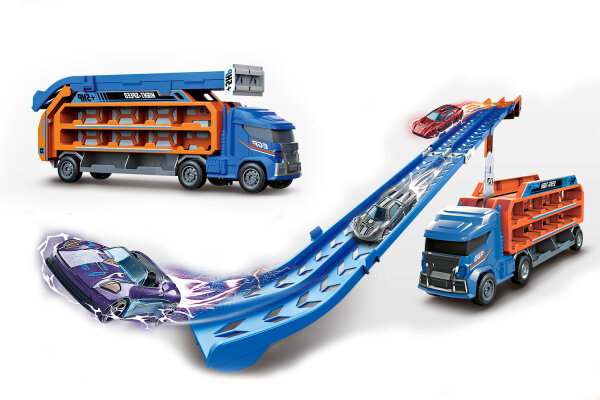 CY-2252A Transport-LKW inklusive Rampe und Rennwagen mit Katapultbahn - orange/blau