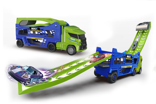 CY-2254A Transport-LKW inklusive Rampe und Rennwagen mit Katapultbahn - gr&uuml;n/blau