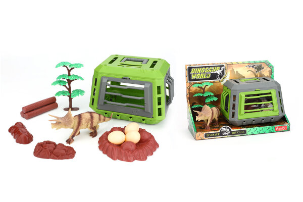 D999-11 Dinosaur-World - Triceratops mit K&auml;fig und Zubeh&ouml;r 12-teilig