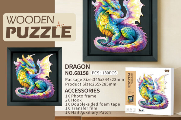 68158 Wooden Puzzle Art - "DRACHE" mit Holzbilderrahmen - 180 Teile