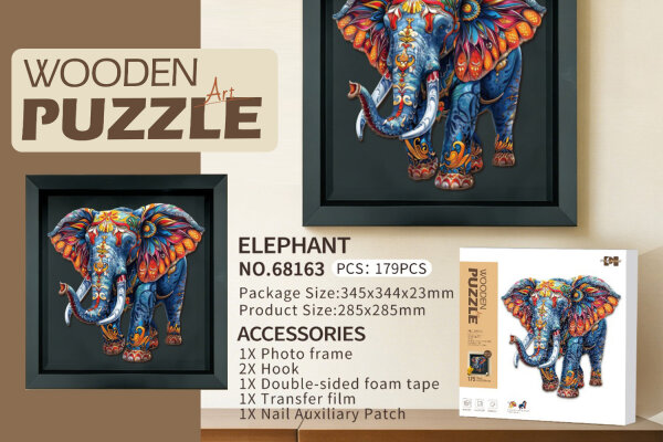 68163 Wooden Puzzle Art - "ELEFANT" mit Holzbilderrahmen - 179 Teile